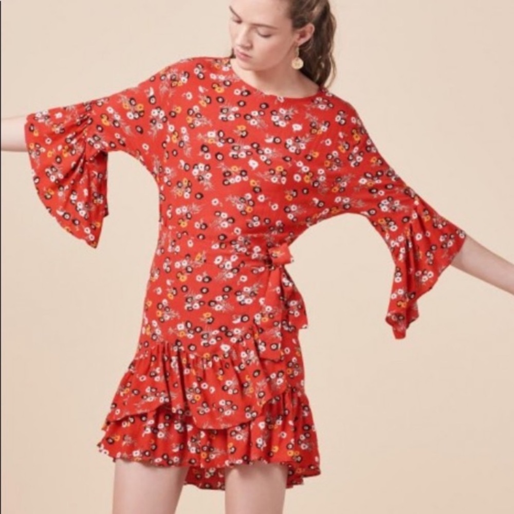 Maje Rahimi red floral ruffle wrap dress
